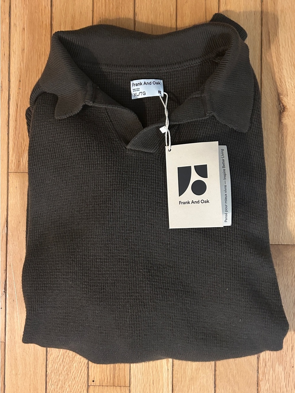 NWT Men’s Frank & Oak Brown 100% Organic Cotton Johnny Collar Sweater • Size XL